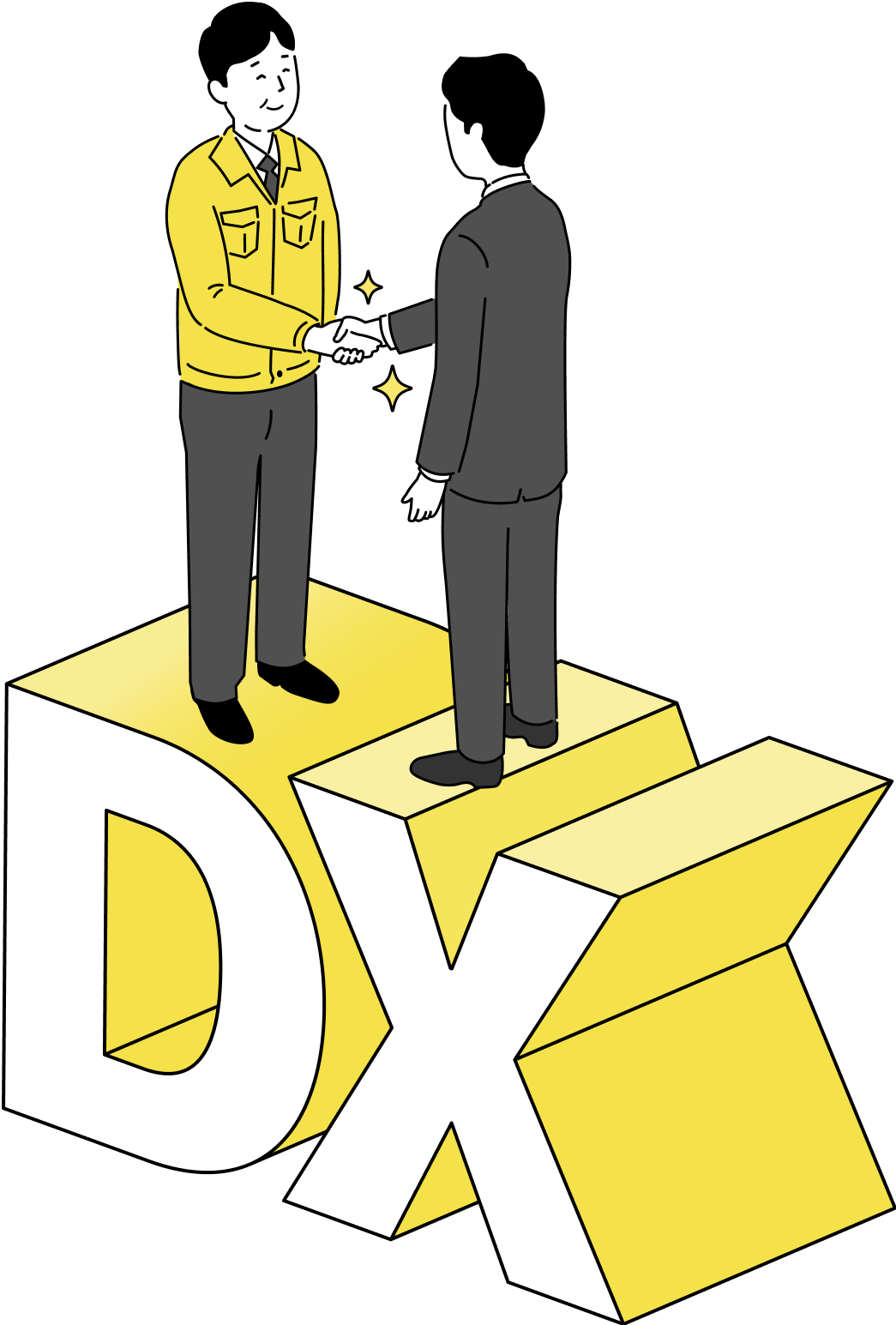 「DX」の文字の上で握手する製造業の担当者とエンジニアのイラスト