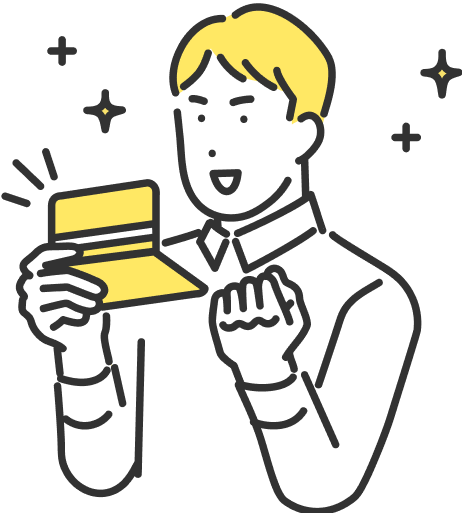 ノートパソコンを見ながら喜ぶ担当者のイラスト