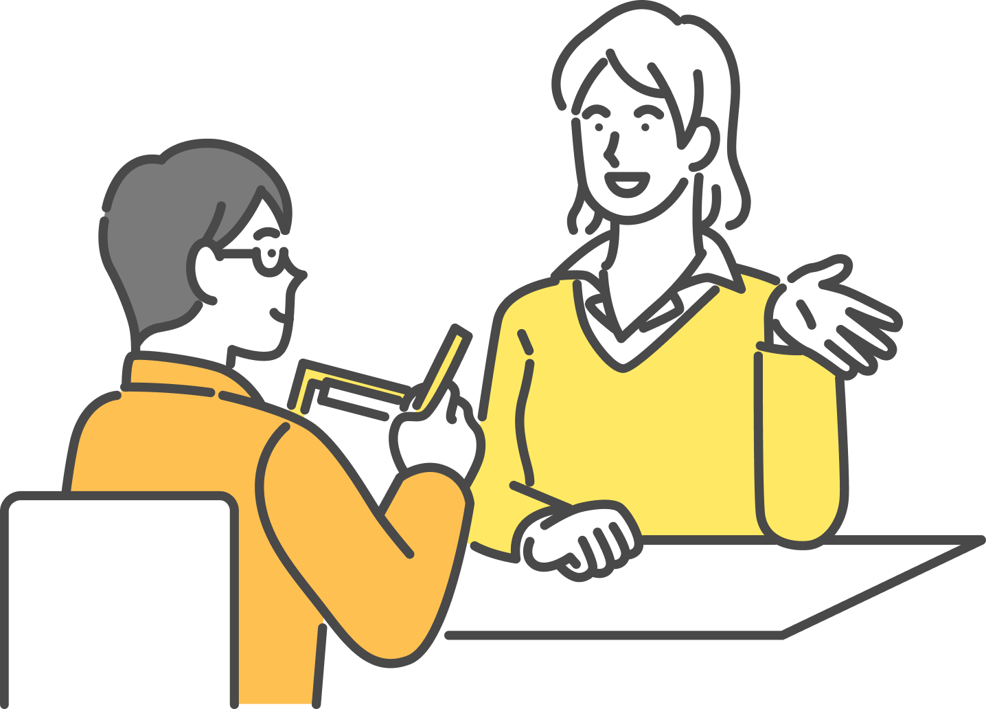 打ち合わせでヒアリングを行う2人のイラスト
