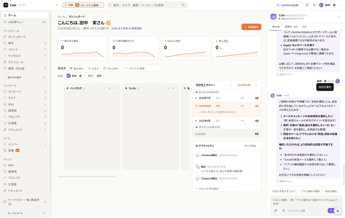 Cole CRM のダッシュボード画面。案件・タスクのカンバンと月別売上サマリー、AIアシスタントのチャットを表示している
